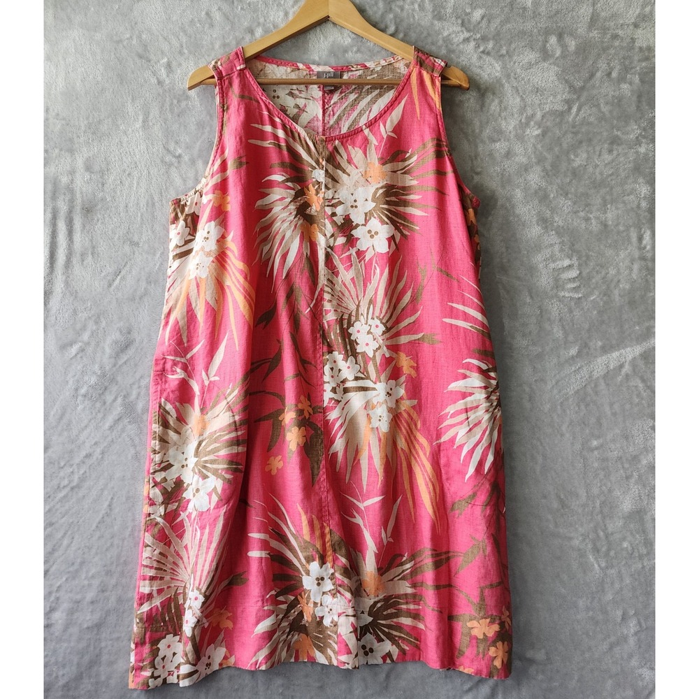 J. Jill Linen Dress Womens Size XL Petite Pink Tropical Floral Pockets PXL 100%